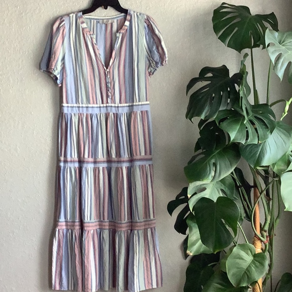 LOFT Pink and Blue Puff Sleeve Midi Sundress